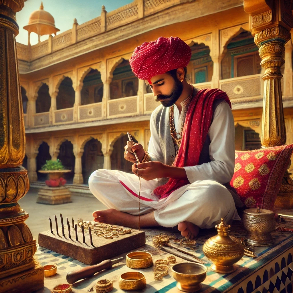 A Sunaar at the bench, weighing gold